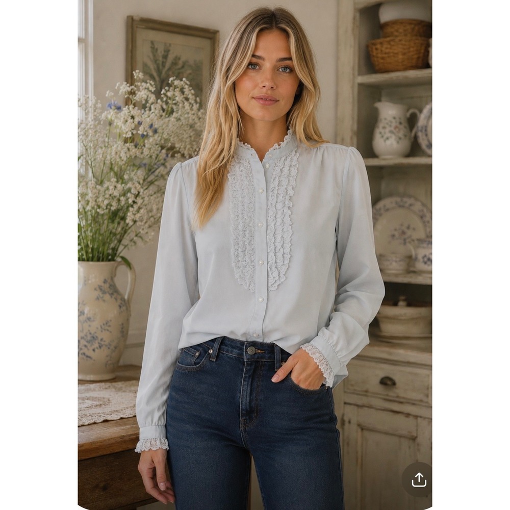 Vintage Rhapsody Victorian Lace Ruffle Blouse Pastel Blue Long Sleeve Top